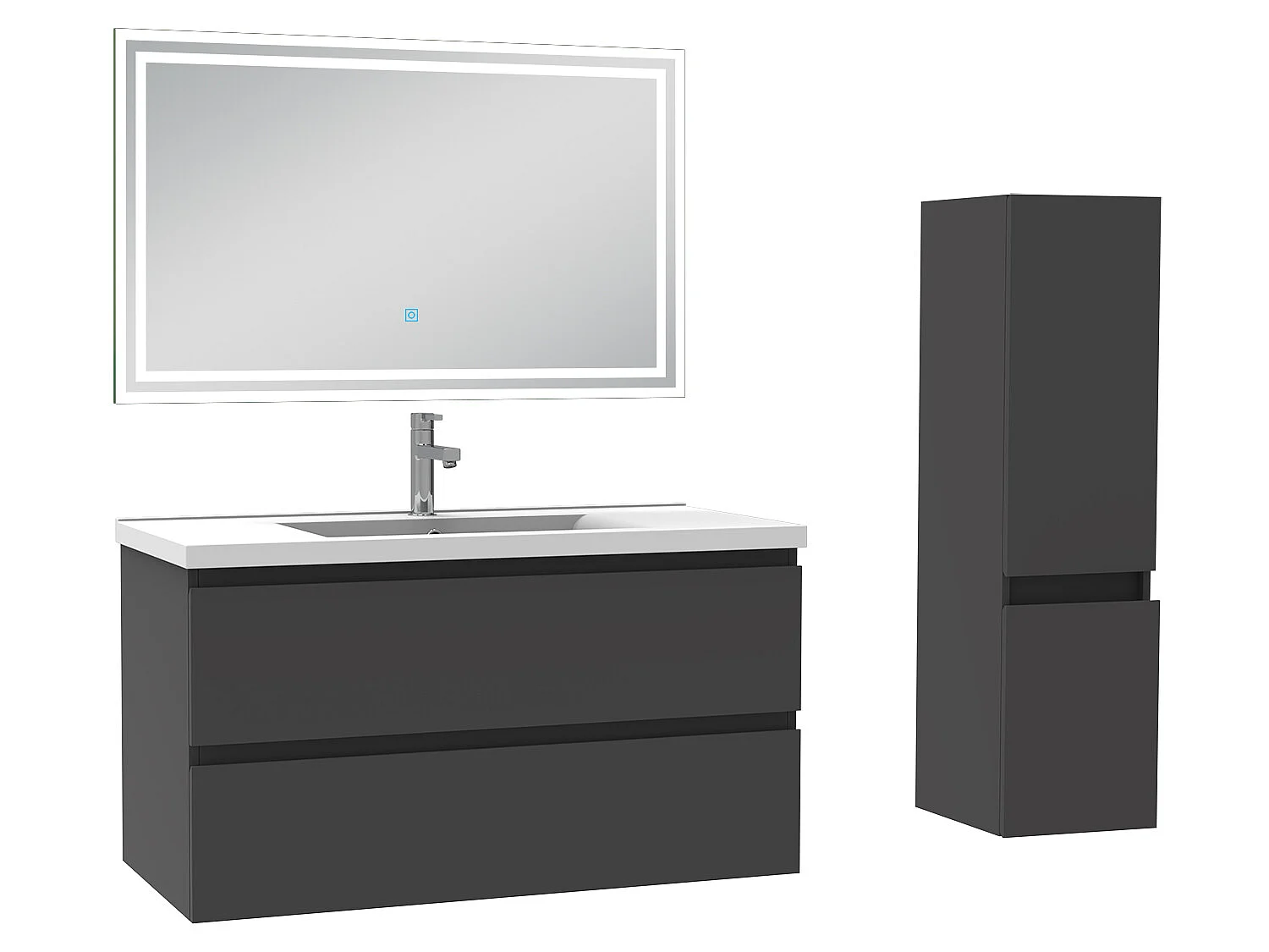 Meubles simple vasque l.100 x H.52 x P.45cm, meuble acve colonne et miroir lumineux Anthracite, Aica