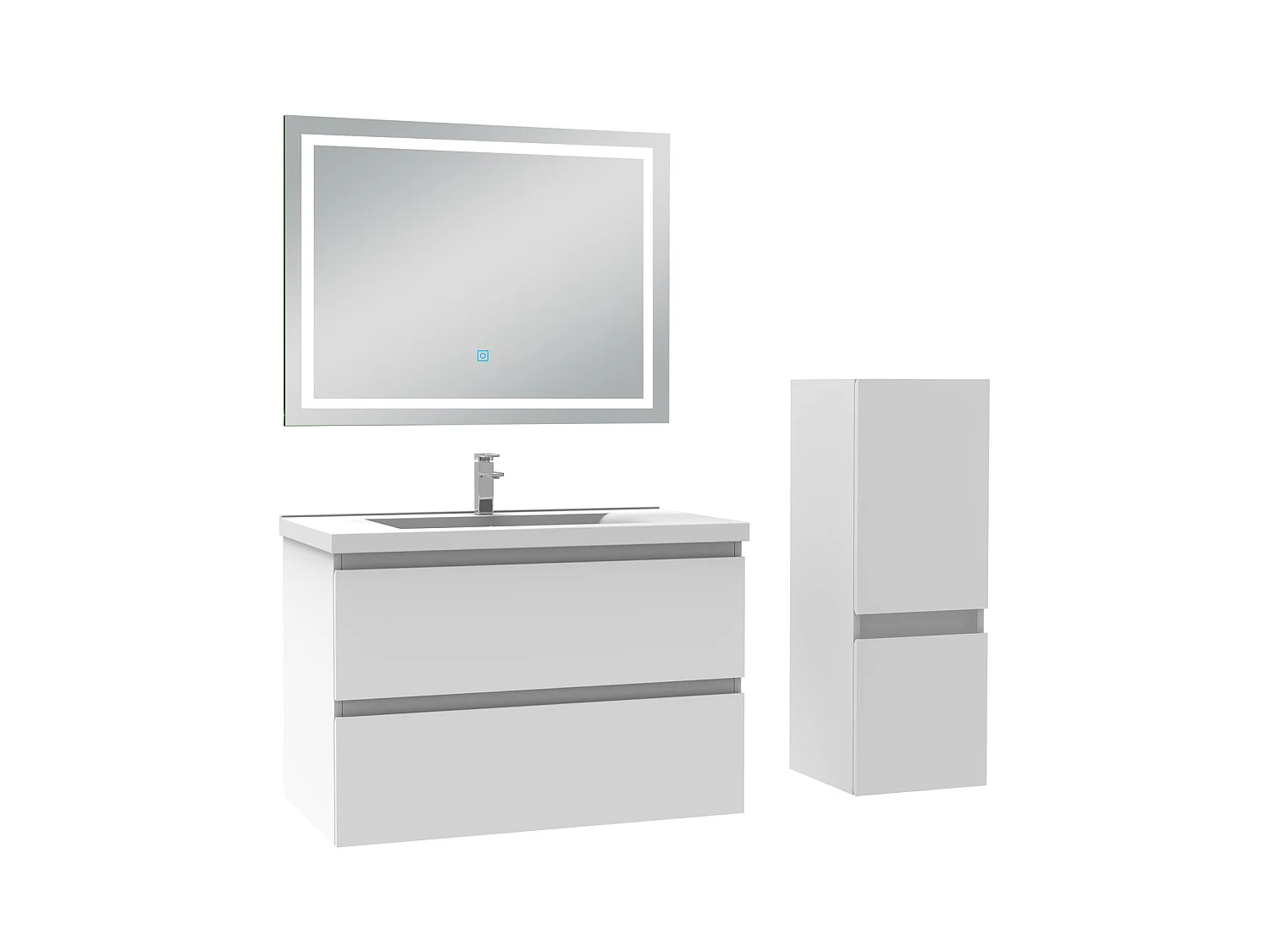 Ensemble meubles Salle de Bain 80cm 4pcs vasque et colonne et miroir LED Blanc - Aica