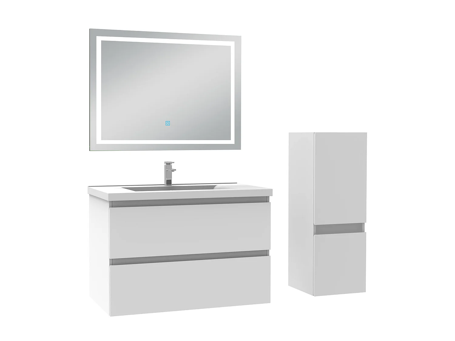 Ensemble meubles Salle de Bain 80cm 4pcs vasque et colonne et miroir LED Blanc - Aica