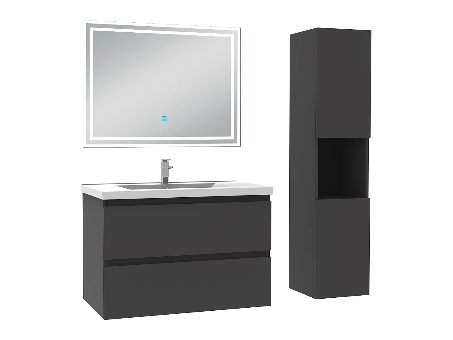 Meubles simple vasque l.60 x H.52 x P.39cm, meuble acve colonne + miroir lumineux Anthracite, Aica
