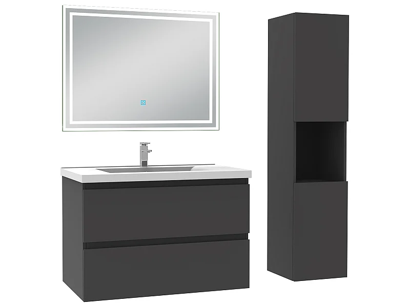 Meubles simple vasque l.60 x H.52 x P.39cm, meuble acve colonne + miroir lumineux Anthracite, Aica