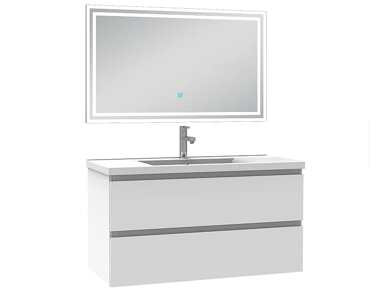 Meubles simple vasque l.100 x H.52 x P.45cm, meuble acve miroir Blanc, Aica