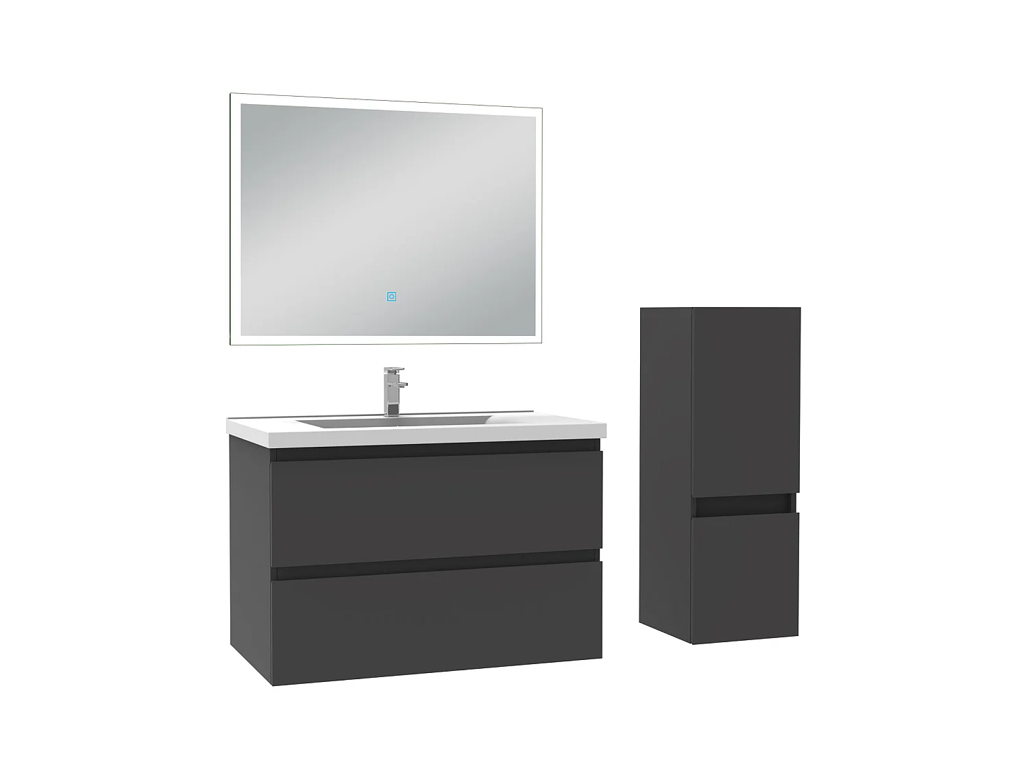 Ensemble meubles Salle de Bain 80cm vasque + colonne + miroir LED Anthracite - Aica