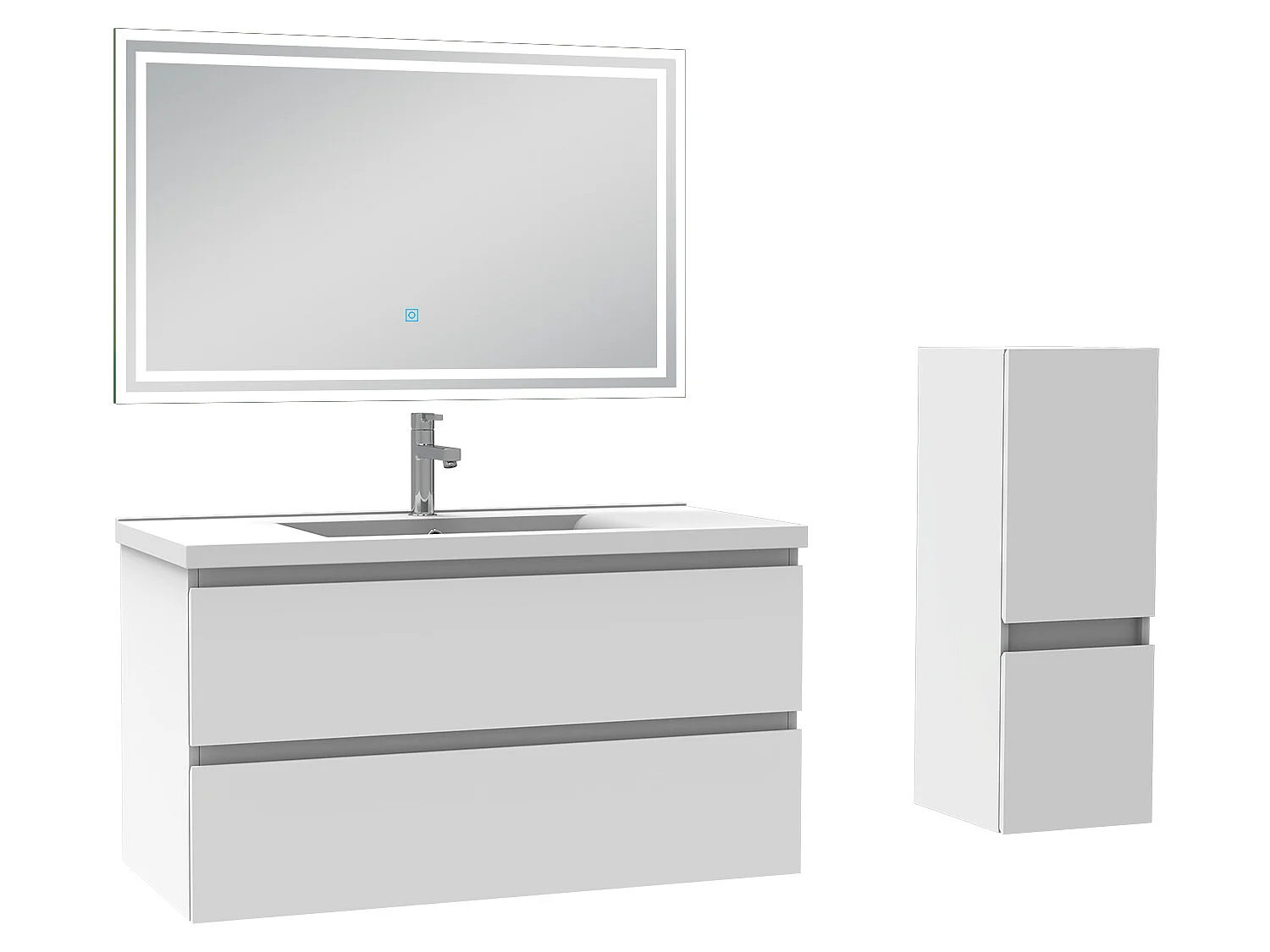 Ensemble meubles Salle de Bain 100cm 4pcs vasque + colonne + miroir LED Blanc - Aica