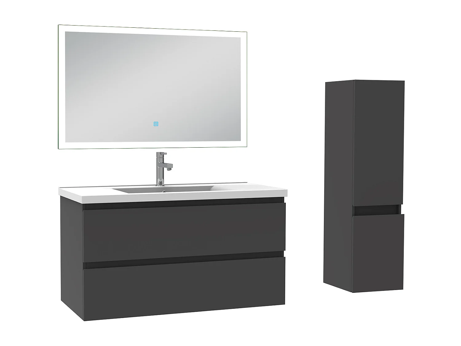 Meuble Salle de Bain 100cm vasque + colonne + miroir lumineux Anthracite - Aica