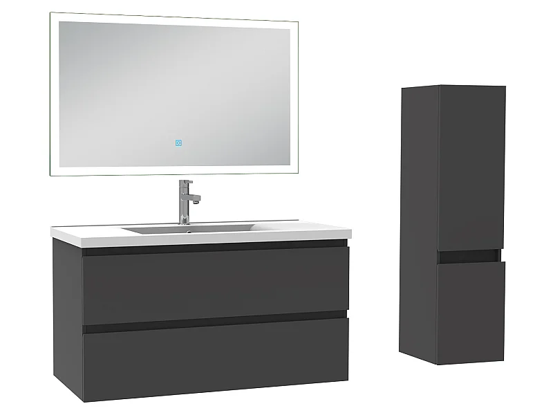 Meuble Salle de Bain 100cm vasque + colonne + miroir lumineux Anthracite - Aica