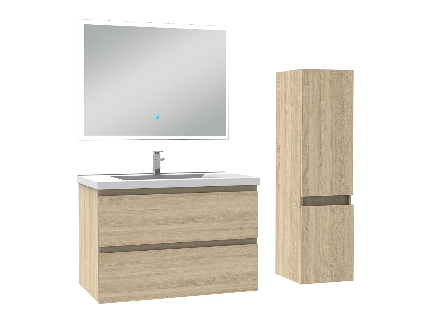 Meuble Salle de Bain 60cm vasque + colonne + miroir lumineux Chêne Wotan - Aica