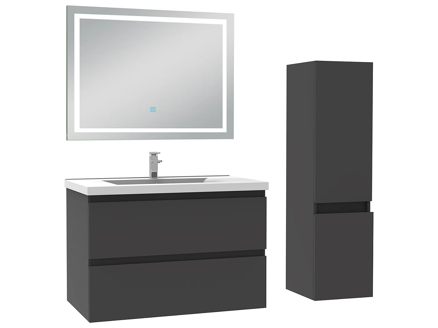 Ensemble meubles Salle de Bain 80cm vasque + colonne + miroir lumineux Anthracite - Aica
