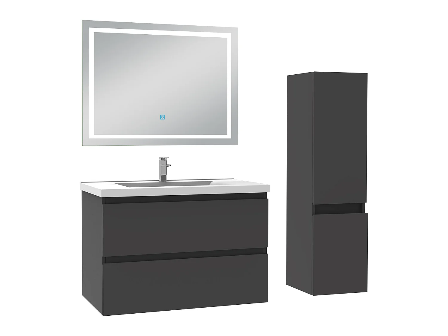 Ensemble meubles Salle de Bain 80cm vasque + colonne + miroir lumineux Anthracite - Aica