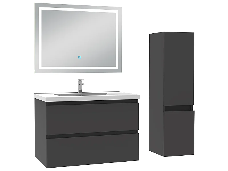Ensemble meubles Salle de Bain 80cm vasque + colonne + miroir lumineux Anthracite - Aica