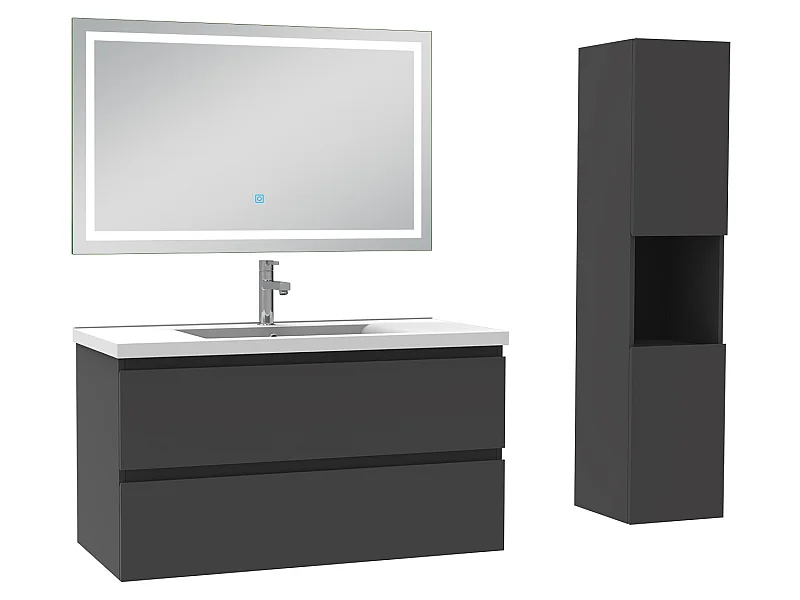 Ensemble meubles simple vasque 100cm, colonne + miroir lumineux Anthracite - Aica