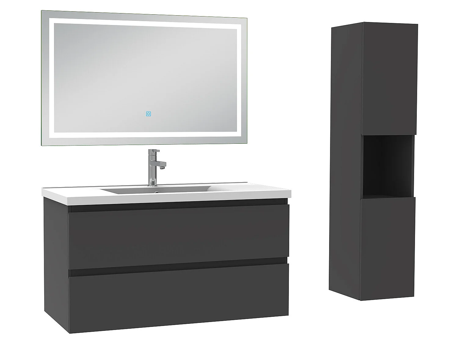 Ensemble meubles simple vasque 100cm, colonne + miroir lumineux Anthracite - Aica
