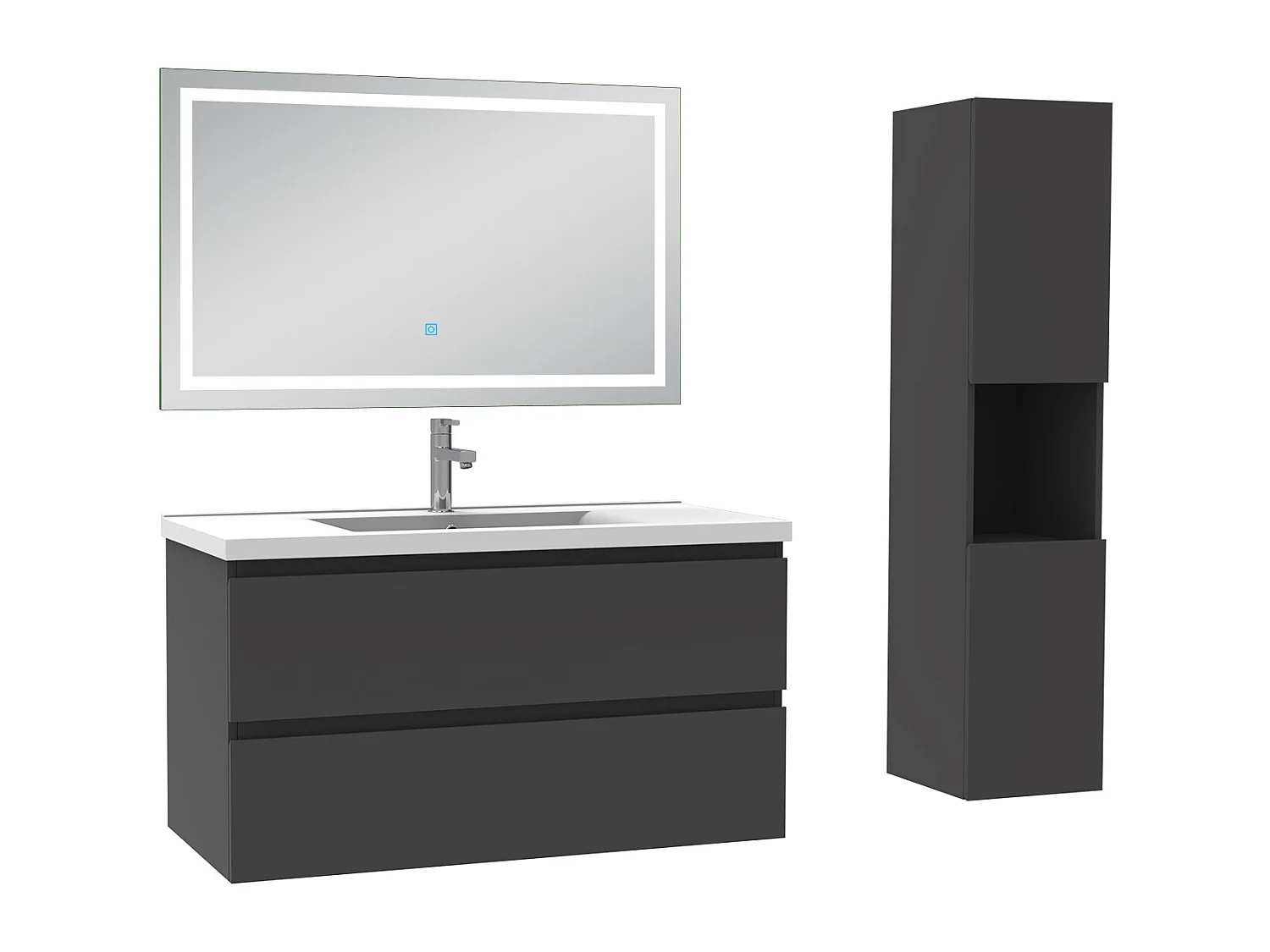 Ensemble meubles simple vasque 100cm, colonne + miroir lumineux Anthracite - Aica