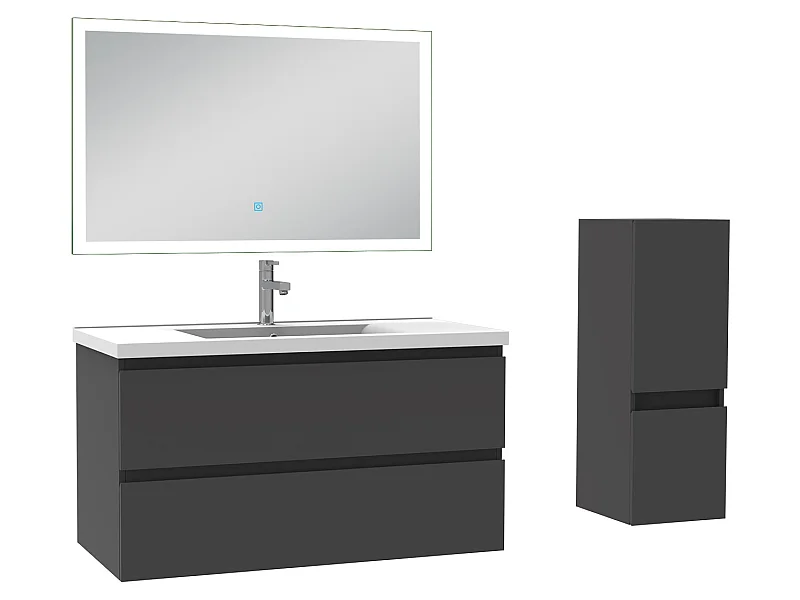 Ensemble meubles Salle de Bain 100cm vasque + colonne + miroir LED Anthracite - Aica