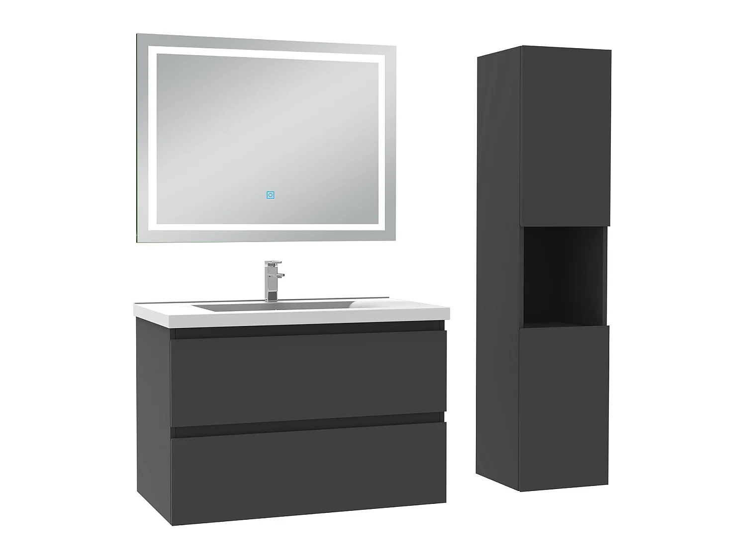 Ensemble meubles simple vasque 80cm, colonne + miroir lumineux Anthracite - Aica