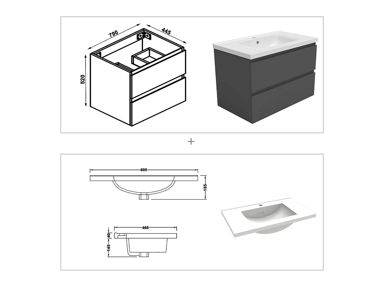 Ensemble meubles simple vasque 80cm, colonne + miroir lumineux Anthracite - Aica