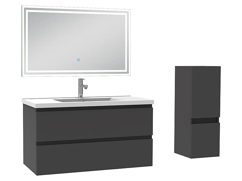 Ensemble meubles Salle de Bain 100cm 4pcs vasque + colonne + miroir LED Anthracite - Aica