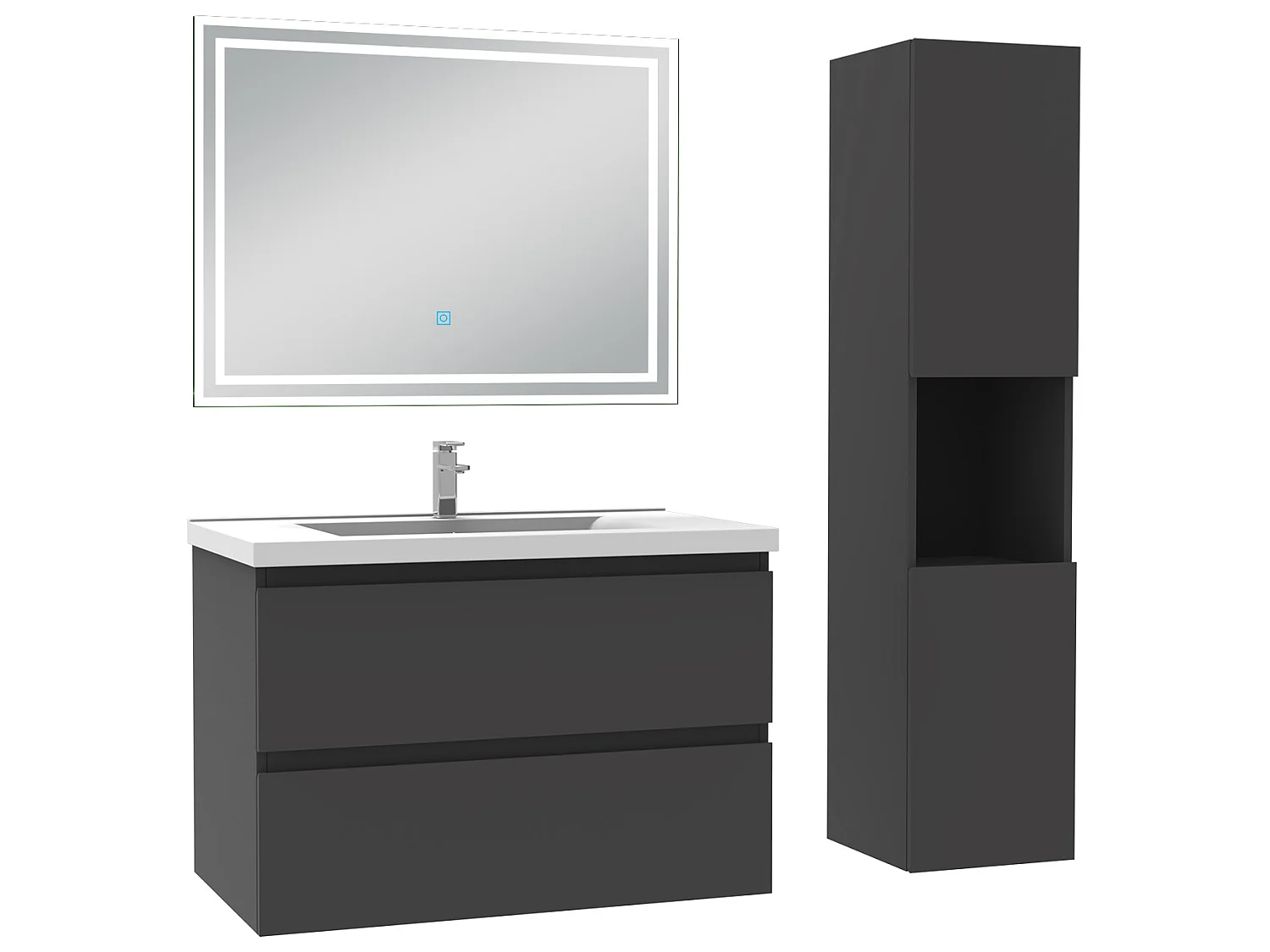 Meubles simple vasque l.80 x H.52 x P.45cm, meuble acve colonne + miroir lumineux Anthracite, Aica