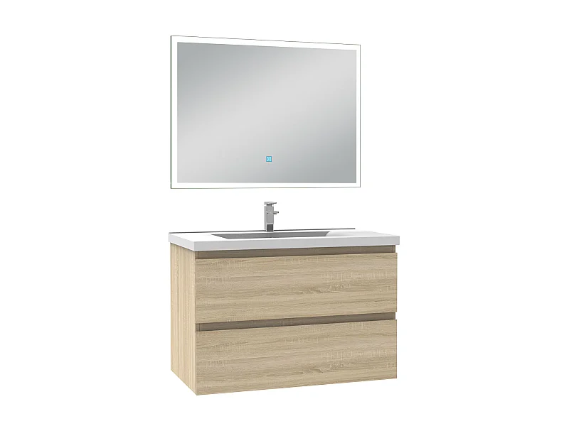Ensemble meubles salle de bain 3pcs 60cm simple vasque + miroir Chêne Wotan, Aica
