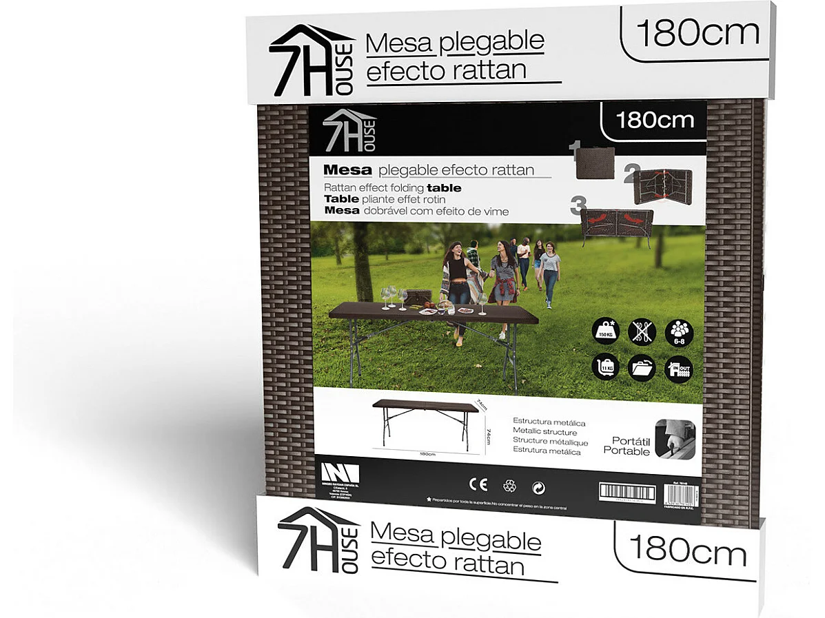 Mesa Plegable Rectangular Efecto Ratán 180x74x74cm 7house