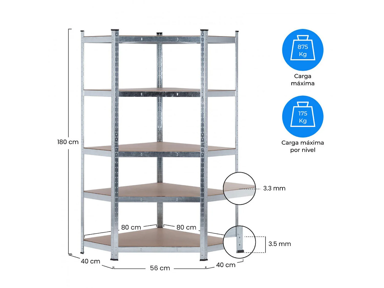 Scaffale angolare modulare zincato con 5 ripiani regolabili 180x80x40x40x56cm 875Kg 7house