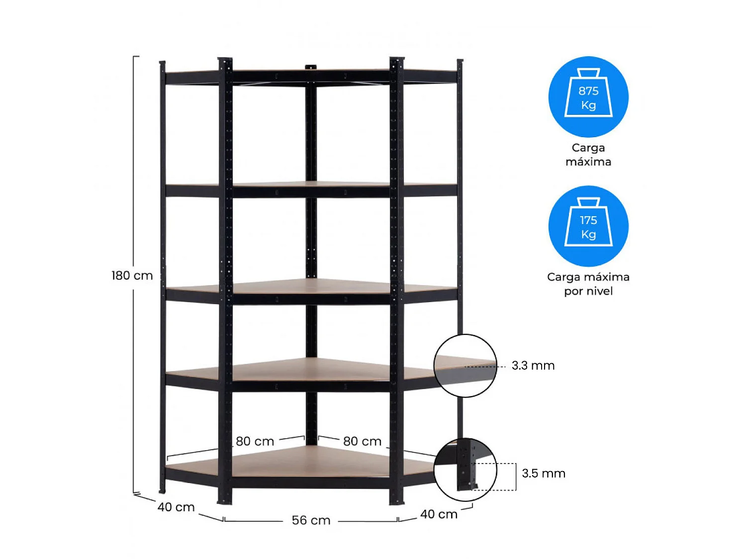Etagère d'angle modulaire 5 étagères réglables 180x80x40x56cm 875Kg O91