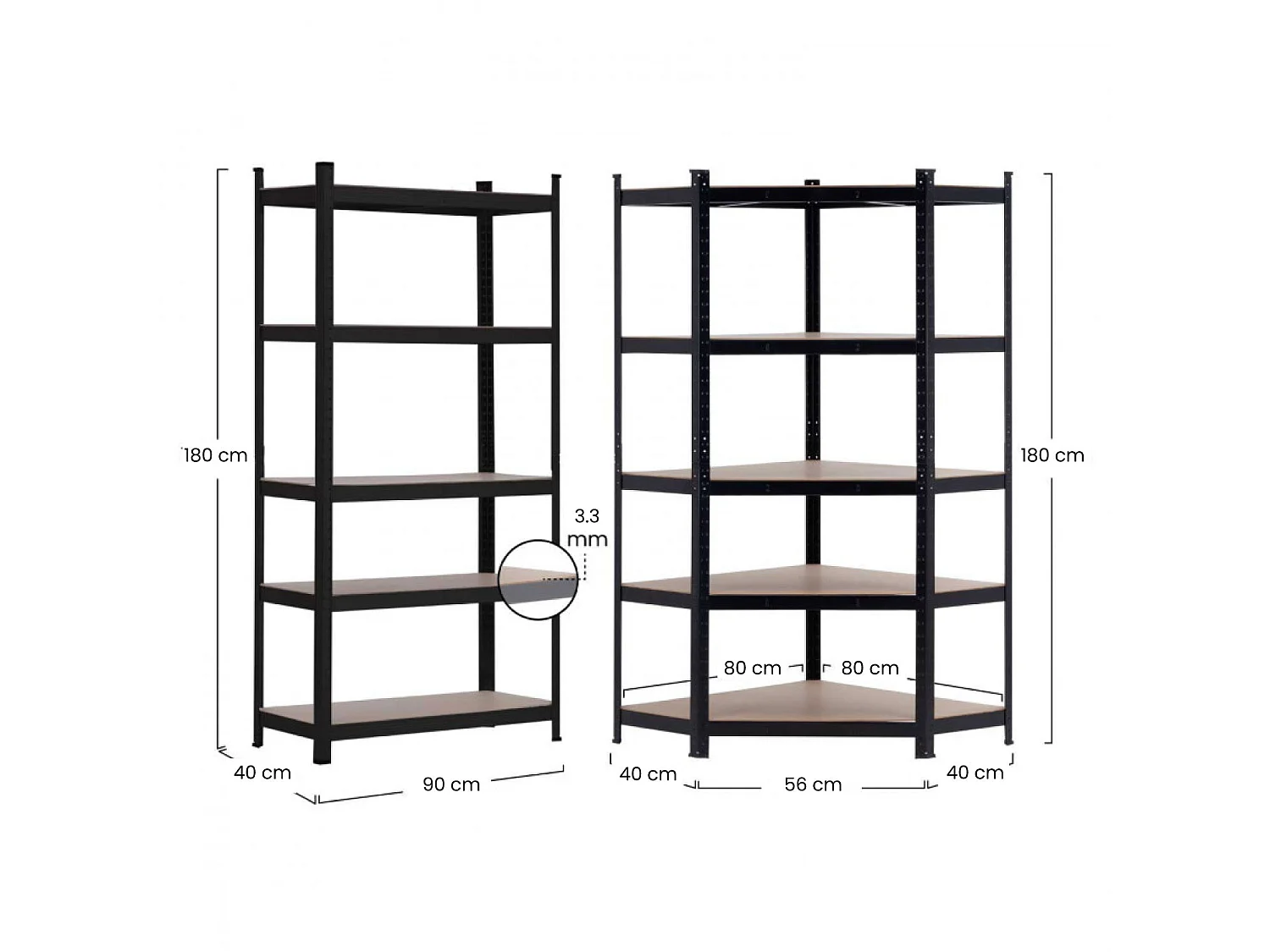 Pack 2 Etagères Modulaires et 1 Etagère d'Angle Noir 5 Etagères Réglables 7house