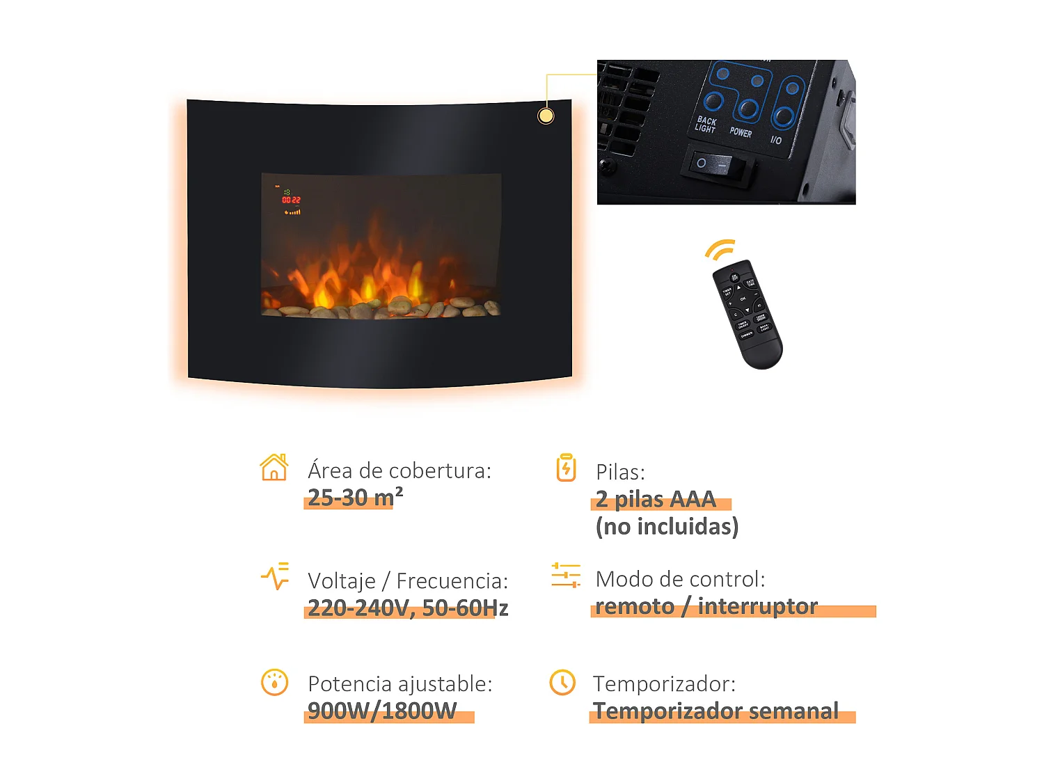 Chimenea eléctrica negro 65x11.4x52cm HOMCOM