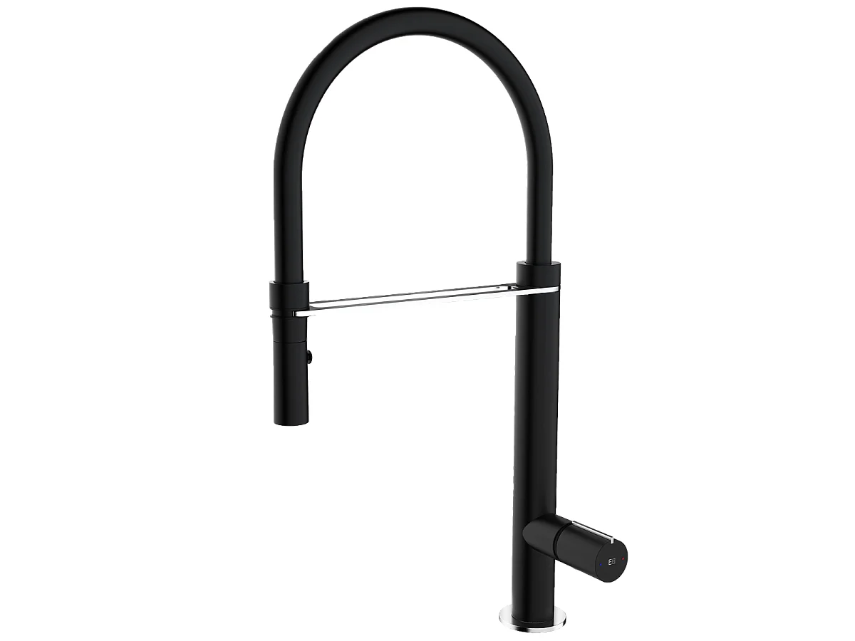 Exil Mezclador de fregadero con ducha de mano en acabado negro y acero inoxidable Essebagno