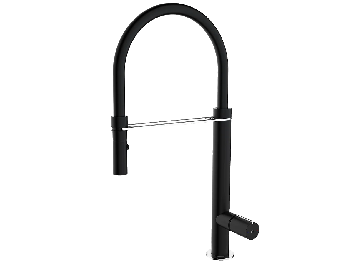 Exil Mezclador de fregadero con ducha de mano en acabado negro y acero inoxidable Essebagno