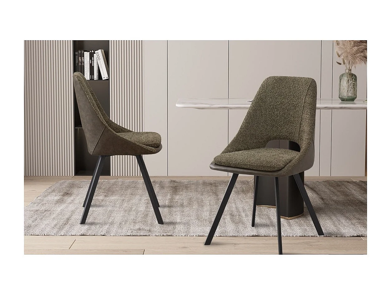 Stoel met Bouclé bekleding voor eetkamer in de kleur Groen. Collectie FILOU