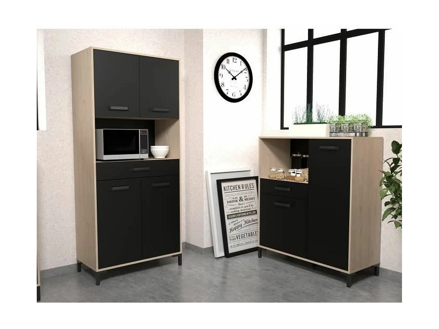 FACTORY keuken dressoir - eiken en zwart - 2 deuren + 1 lade - Modulair - 80 x 43,3 x 185 cm