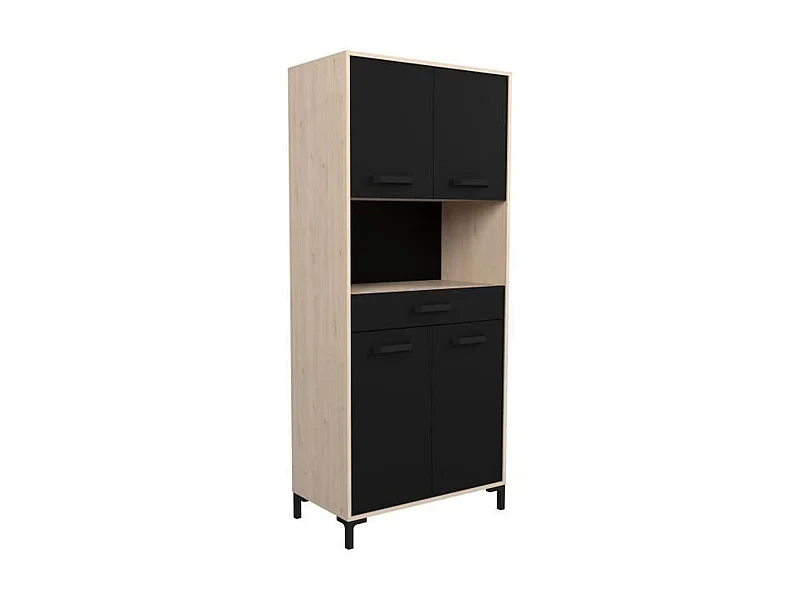 Buffet de cuisine FACTORY - chêne et noir - 2 portes + 1 tiroir - Modulable - 80 x 43,3 x 185 cm
