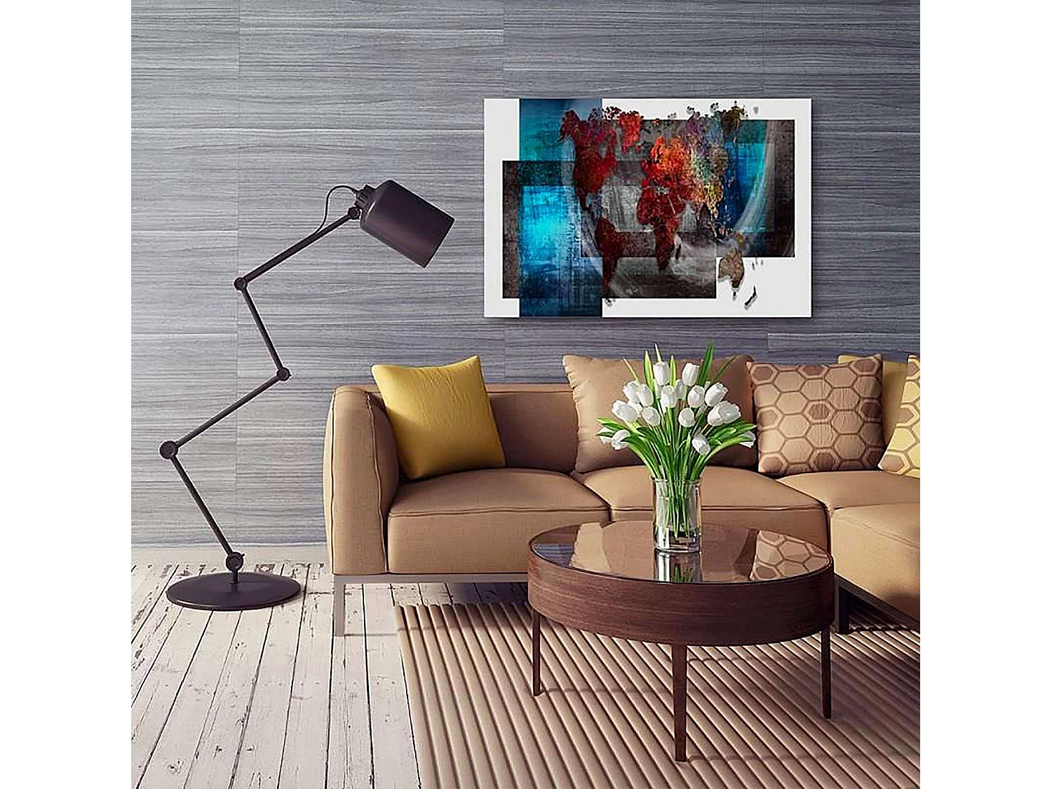 Tableau bois la composition d'une carte du monde - 70 x 50 cm