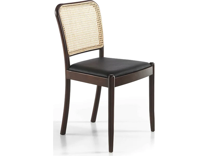 Chaise bois massif assise rembourrée simili dossier en rotin