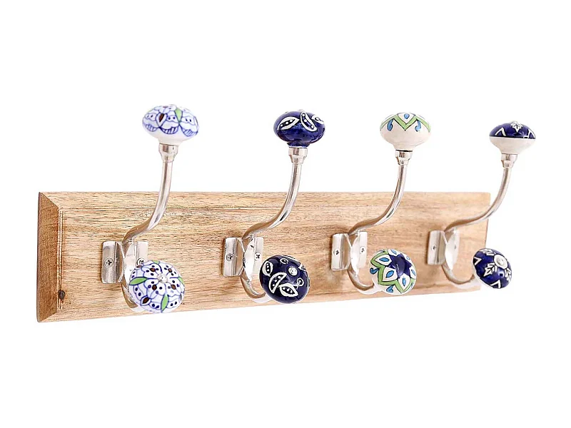 Patère 4 double-crochets en bois de manguier et grès