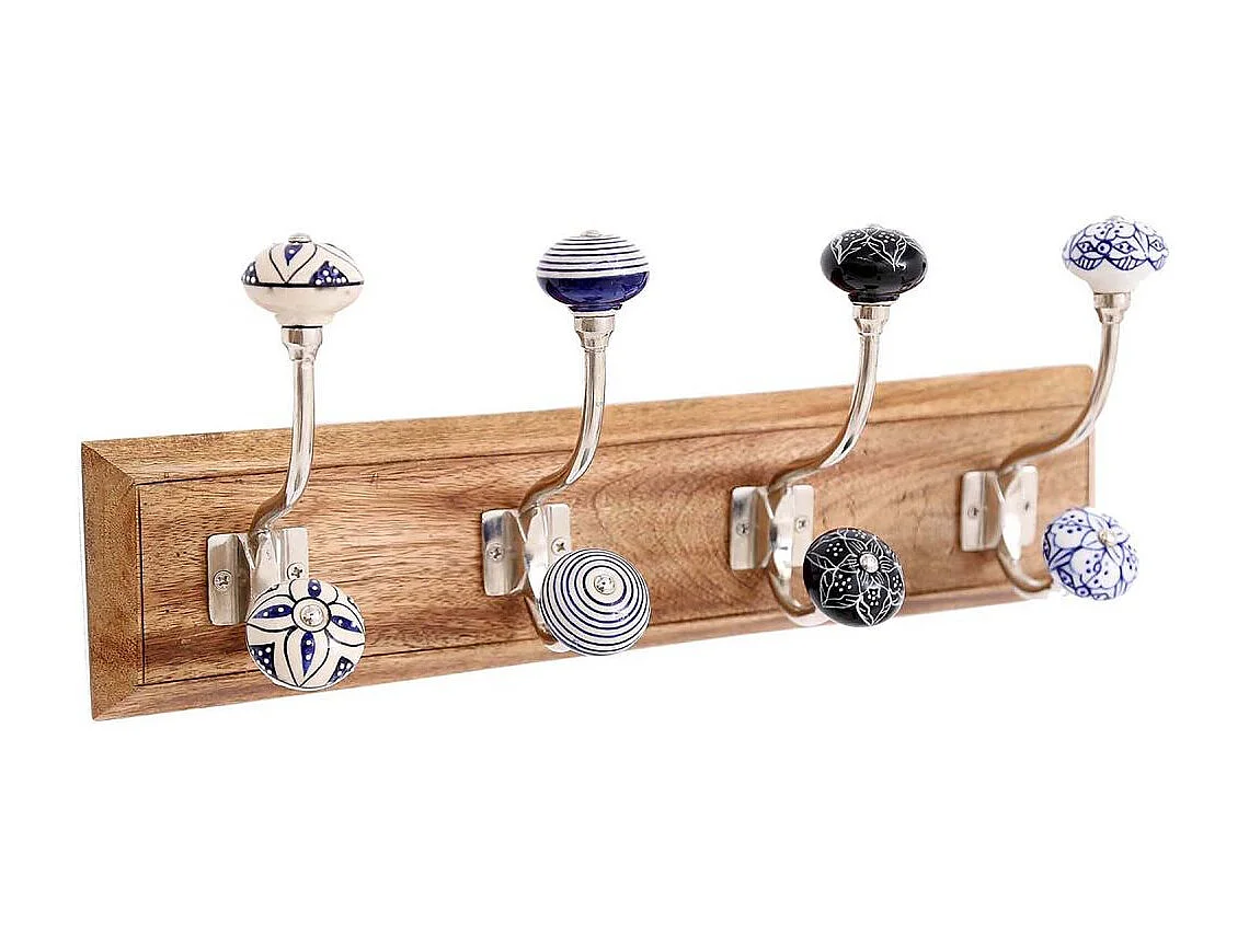 Patère 4 double-crochets en bois de manguier et grès