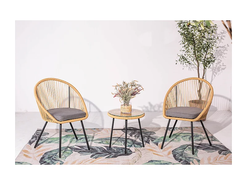 Conjunto de varanda bege 2 cadeiras e 1 mesa IPANEMA em Rattan Natural