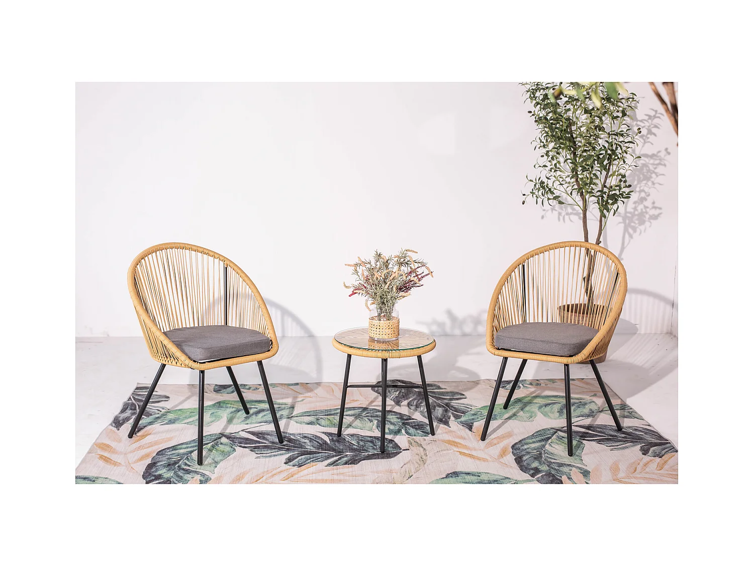 Salon de balcon 2 fauteuils et 1 table coussins gris IPANEMA