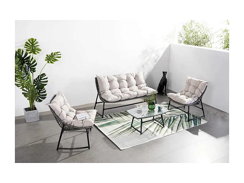 Conjunto de Jardim Baixo em Resina Cinza 4 Lugares Guahana com Almofadas Confortáveis e Estrutura Robusta