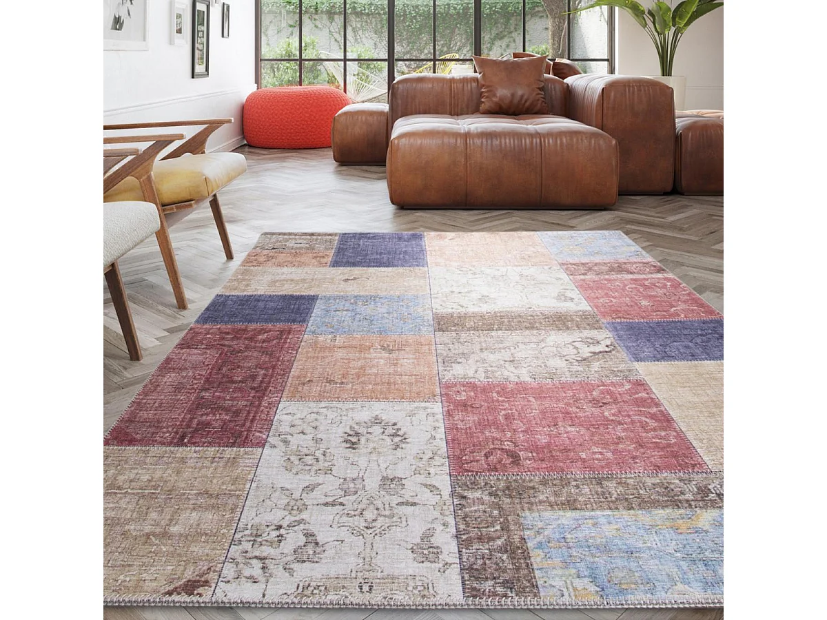 tapis grand salon 200x290 tissé beige et bleu rectangle motif géométrique