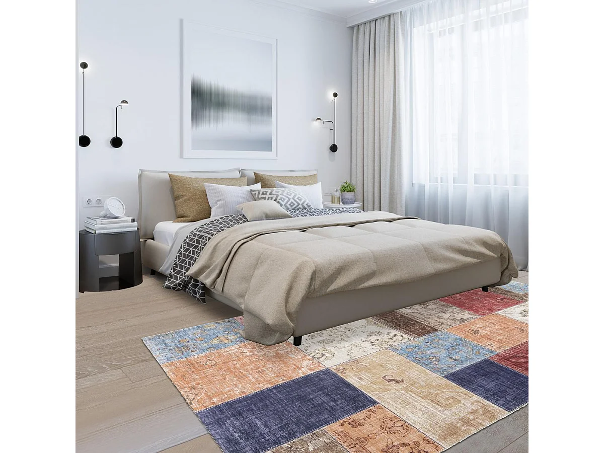 tapis salle à manger 160x230 tissé beige et bleu rectangle motif géométrique