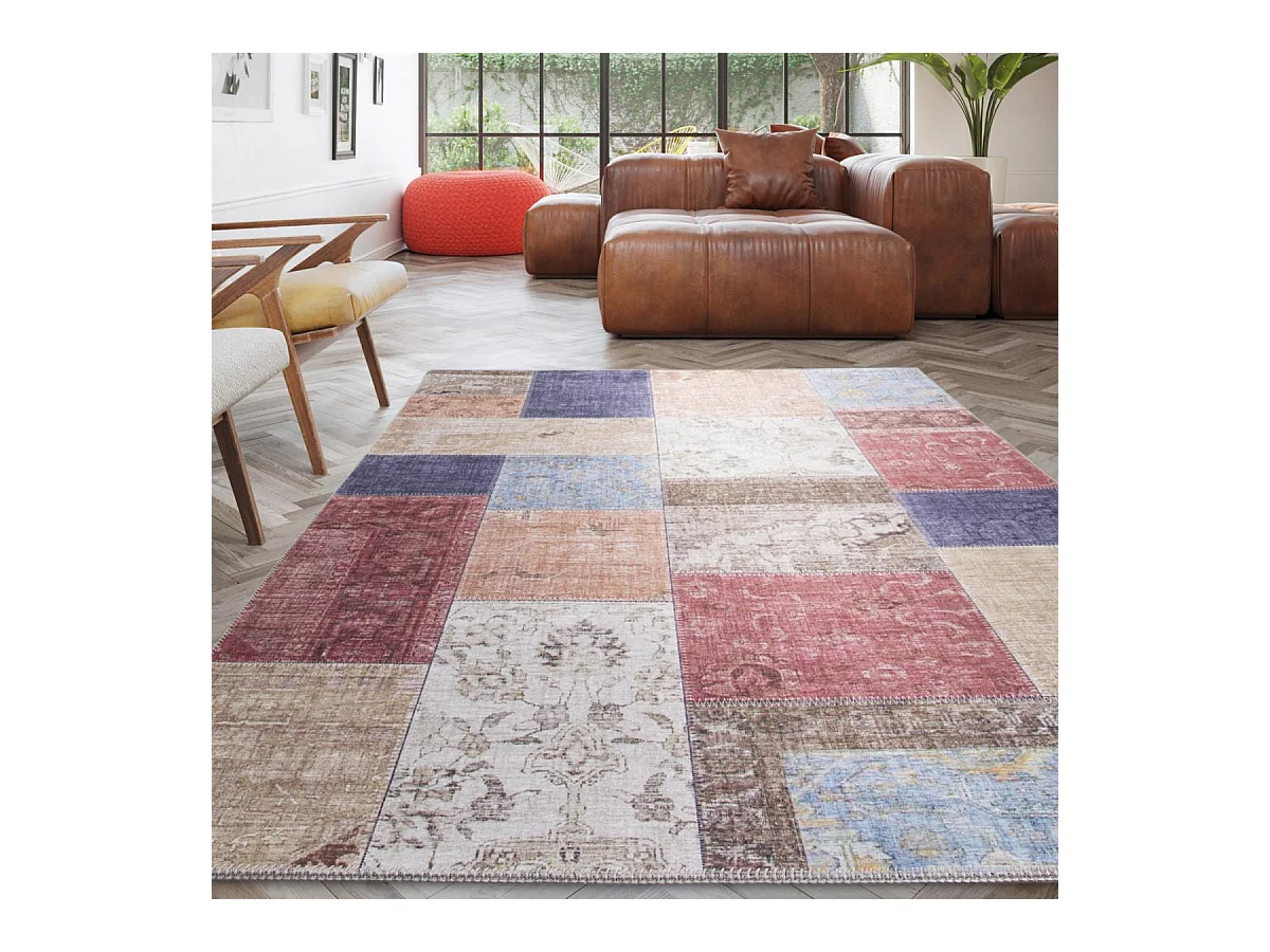 tapis salle à manger 160x230 tissé beige et bleu rectangle motif géométrique
