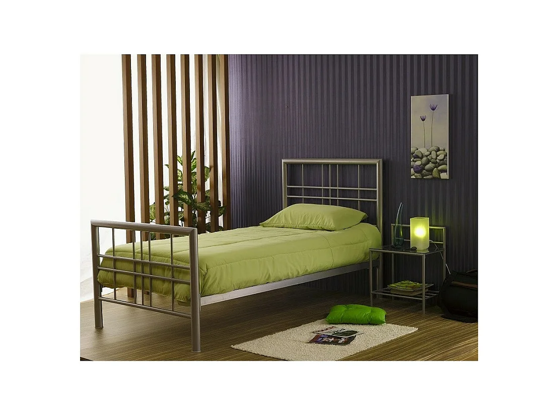 Lit PAXOS 90x200 cm en métal coloris gris argenté avec sommier.