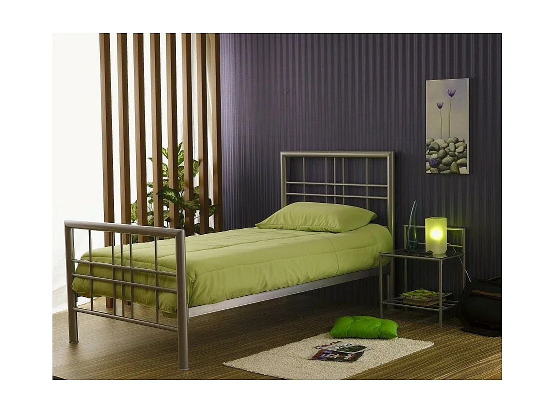 Lit PAXOS 90x200 cm en métal coloris gris argenté avec sommier.