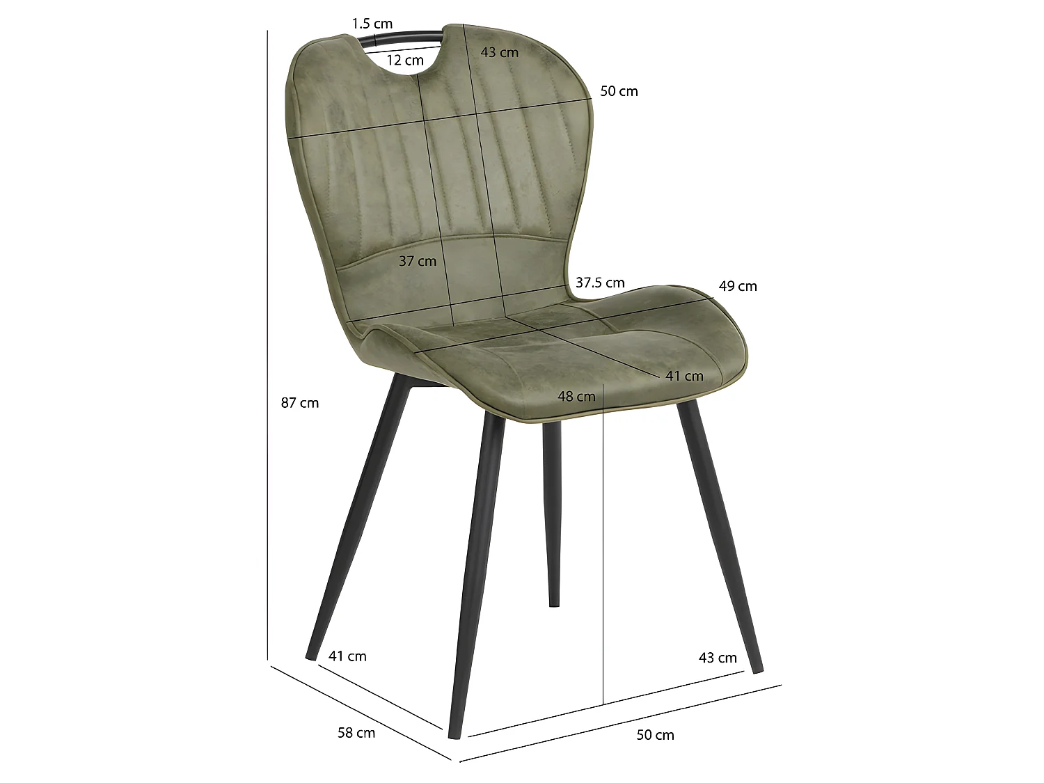 Lot de 2 chaises microfibre vert avec poignée et pieds métal - WILLY
