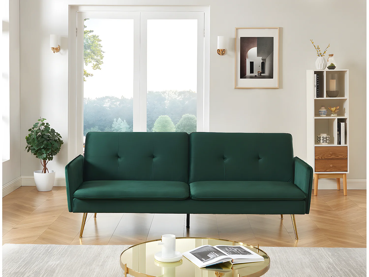 Canapé droit ADAM convertible velours vert foncé