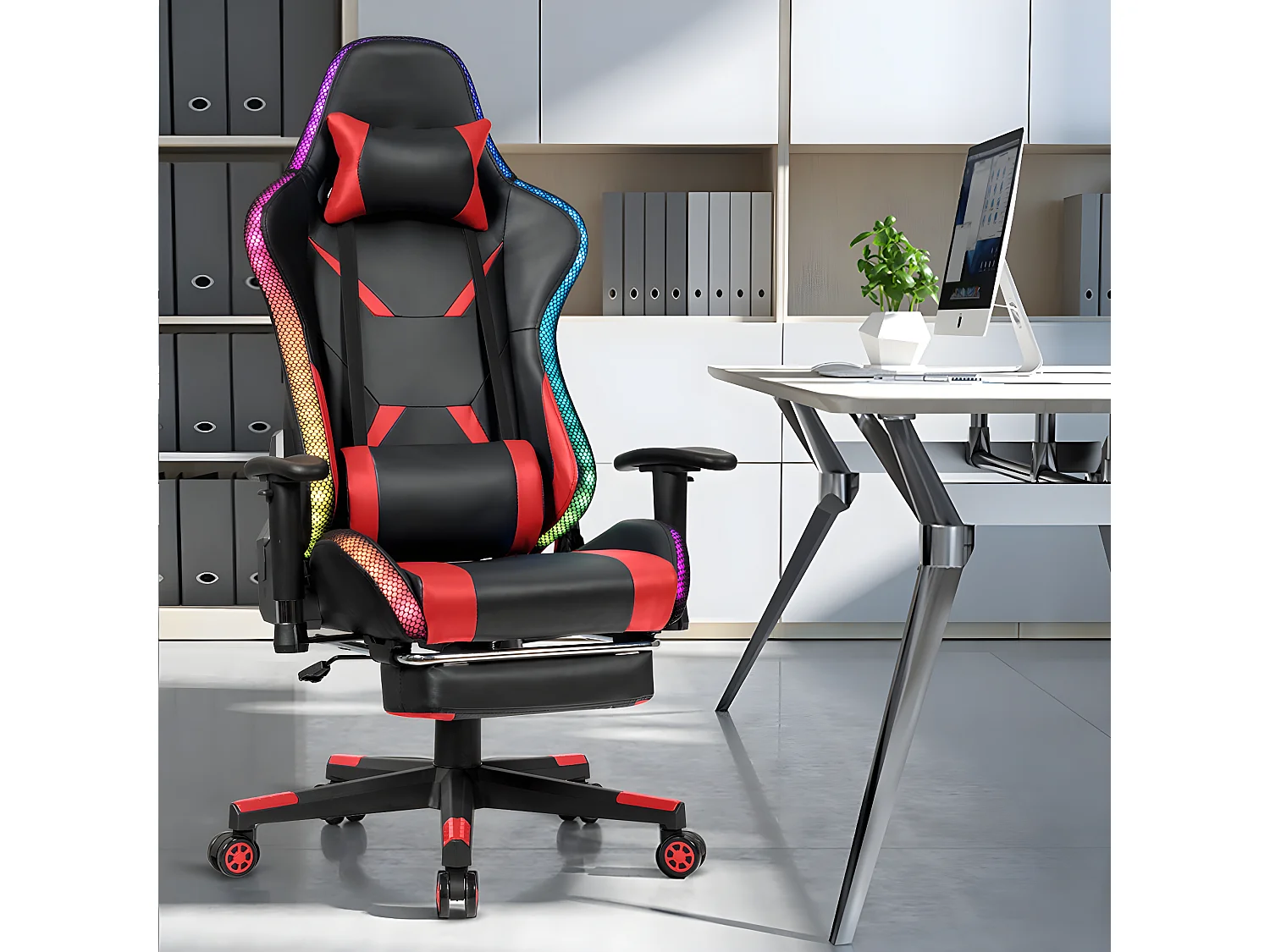 Chaise gaming fauteuil de bureau hauteur ajustable et dossier inclinable repose pieds inclus rouge 20_0000395