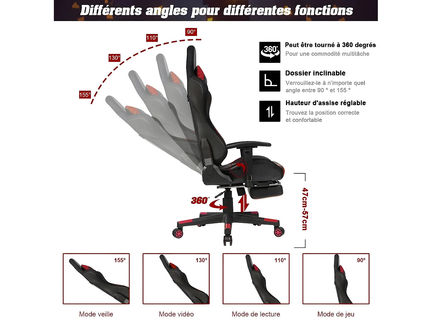 Chaise gaming fauteuil de bureau hauteur ajustable et dossier inclinable repose pieds inclus rouge 20_0000395