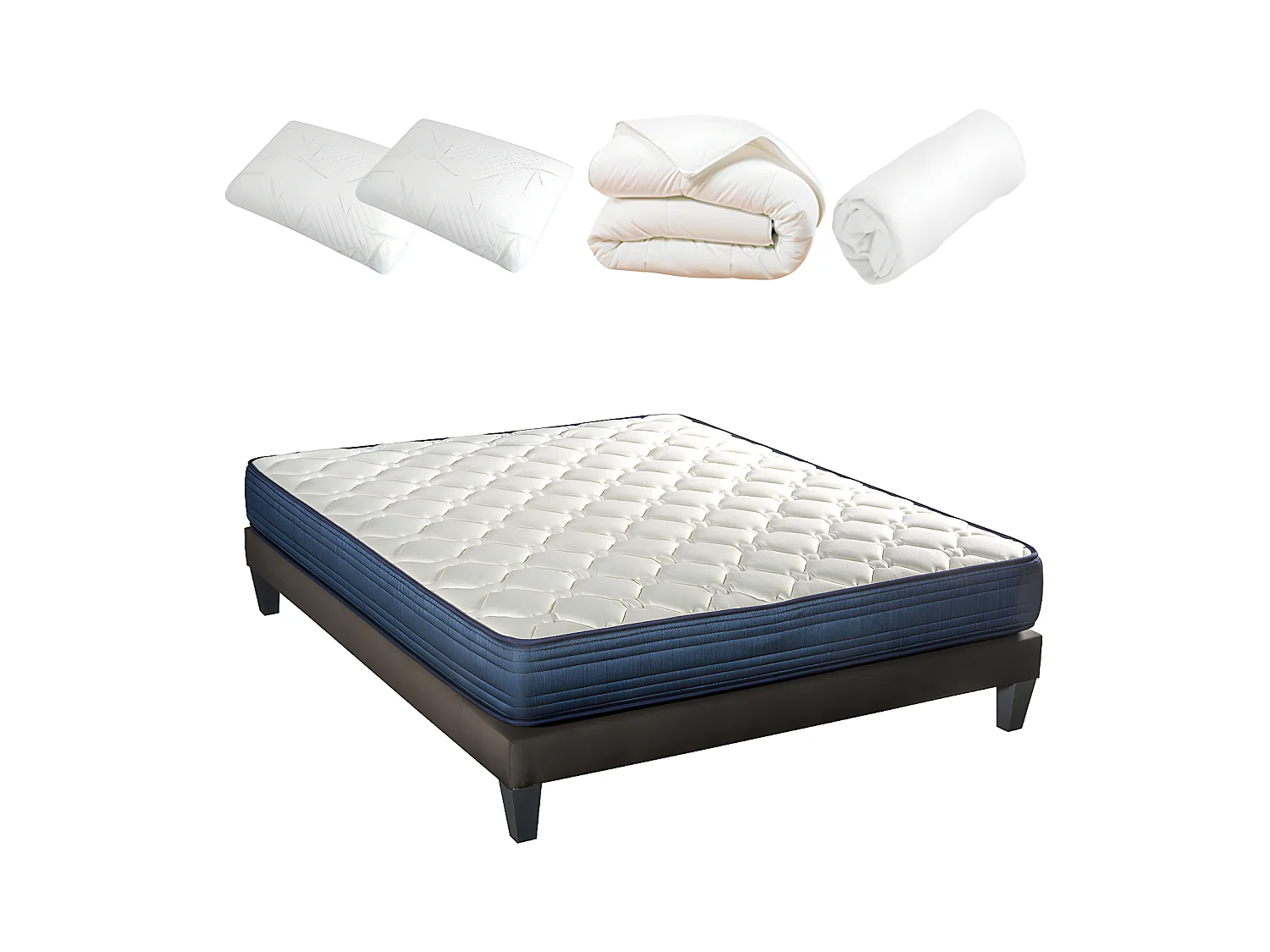 BELLECOUR LITERIE | Pack Prêt à dormir QUINCONCES 140x200 cm | Matelas Mémoire de forme + Sommier + Accessoires